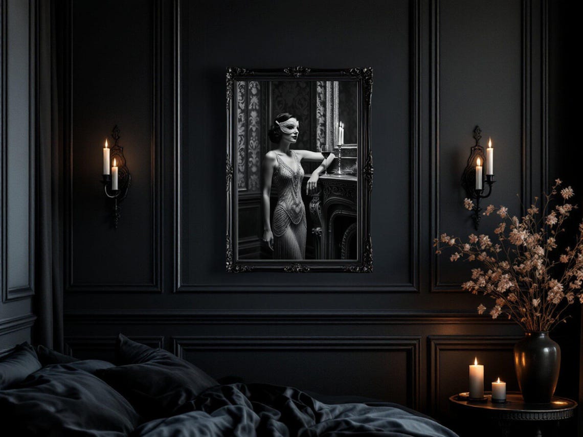 Masked Woman In Beaded Flapper Dress Beside A Fireplace Poster - Image 3