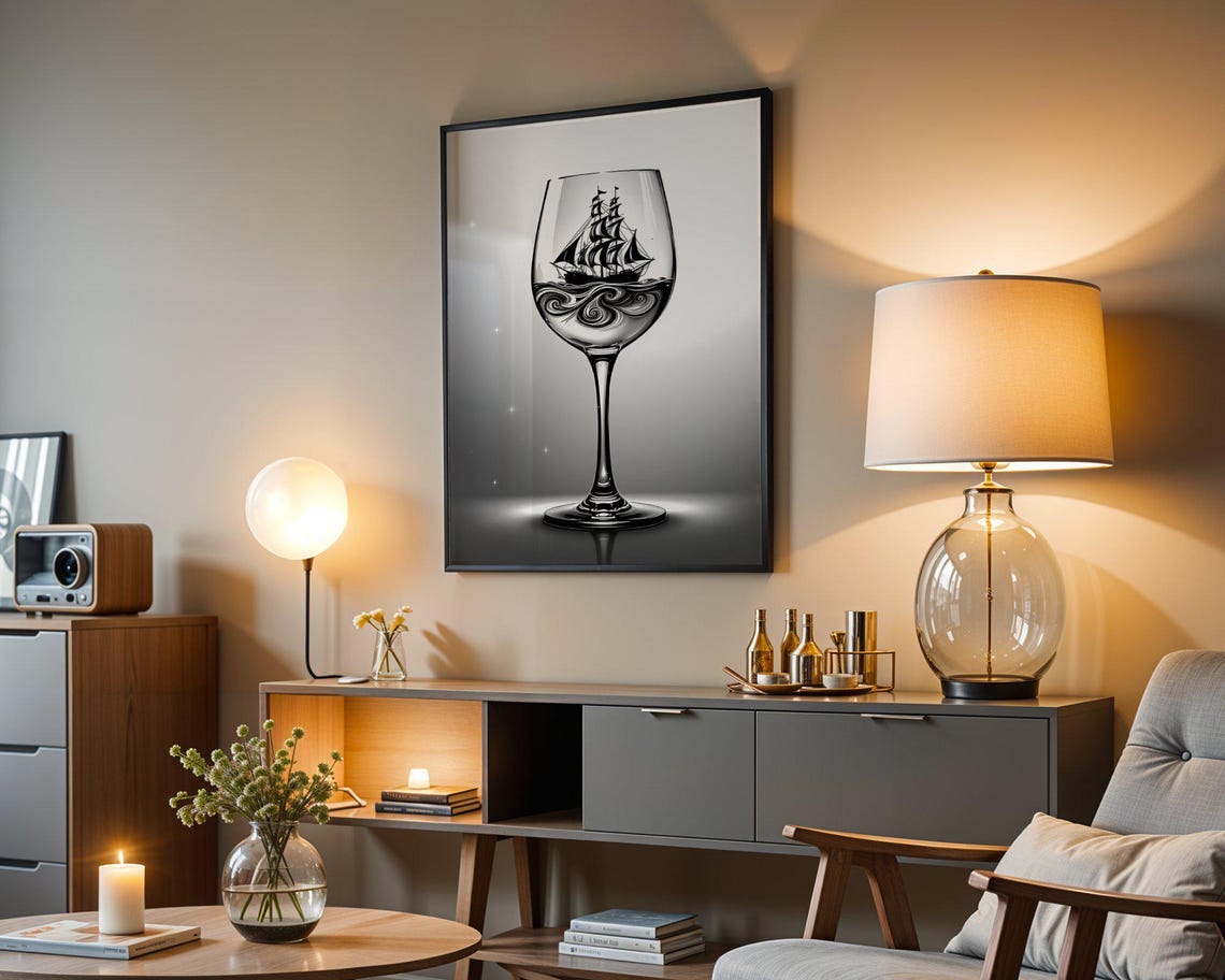 Nautical Wine Glass Wall Art Sailboat In Wine Glass Art Print Black And White Nautical Decor Ocean Sailing Artwork - Image 3