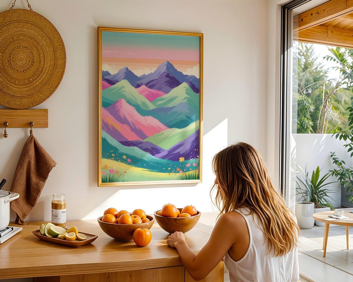 Pastel Rainbow Mountain Landscape Colorful Peaks Meadow Art Print - Image 2
