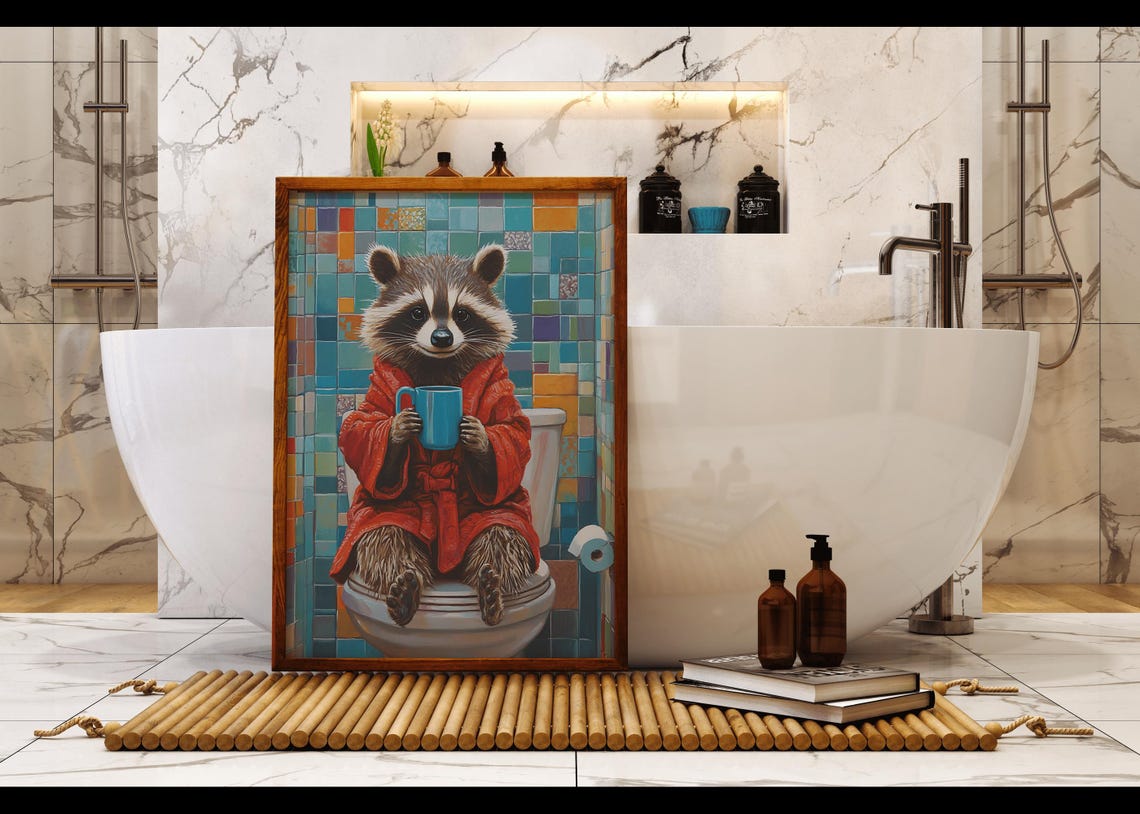 Cute Raccoon Wall Art Raccoon Print In Bathroom Animal Art For Kids Fun Animal Wall Decor Colorful Animal Illustration Playful Raccoon - Image 2