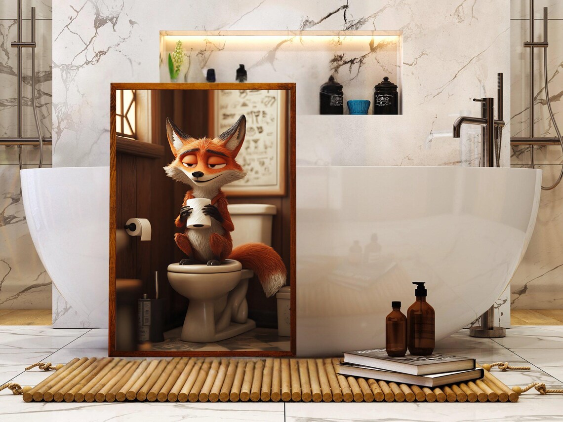 Cute Fox Sitting On Toilet Holding Toilet Paper Funny Bathroom Poster - Image 5