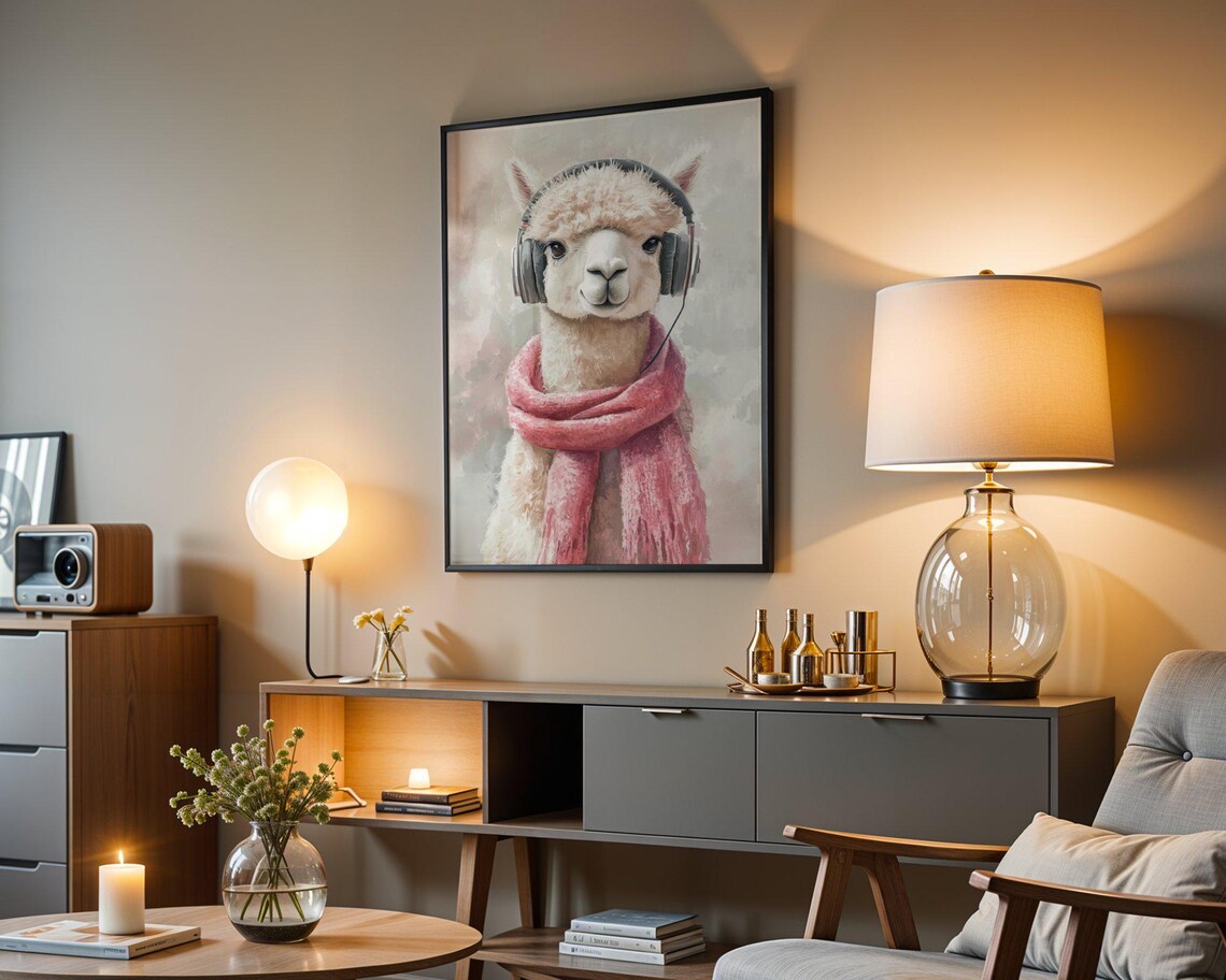 Alpaca Wearing Headphones and a Pink Scarf Watercolor Animal Poster - Image 4