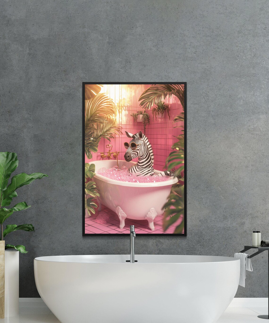 Zebra in Sunglasses in a Pink Bathtub Tropical Bathroom Poster - Image 2