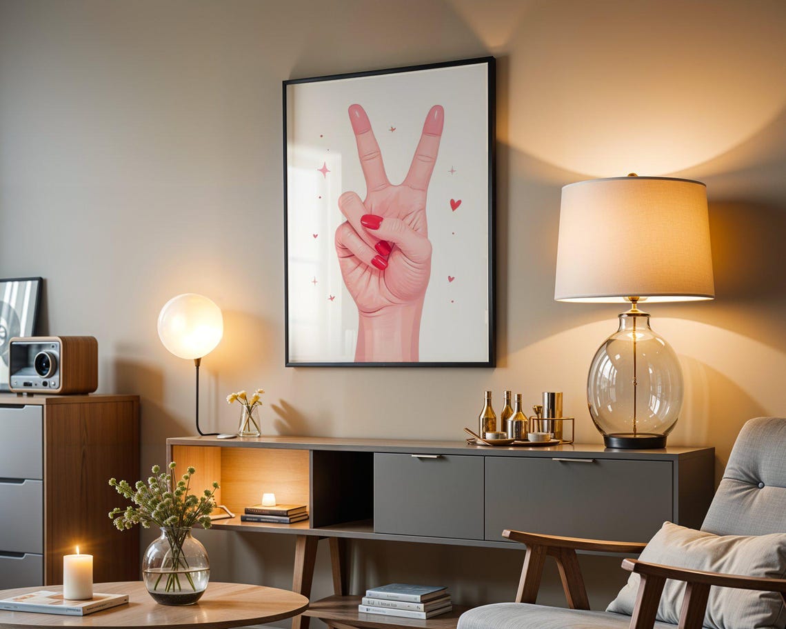 Pink Peace Sign Hand with Red Nails Cute Illustration Wall Art - Image 3