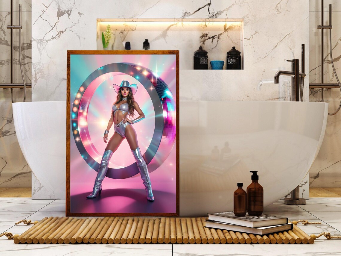 Futuristic Silver Cowgirl Neon Disco Ring Fantasy Art Poster - Image 2
