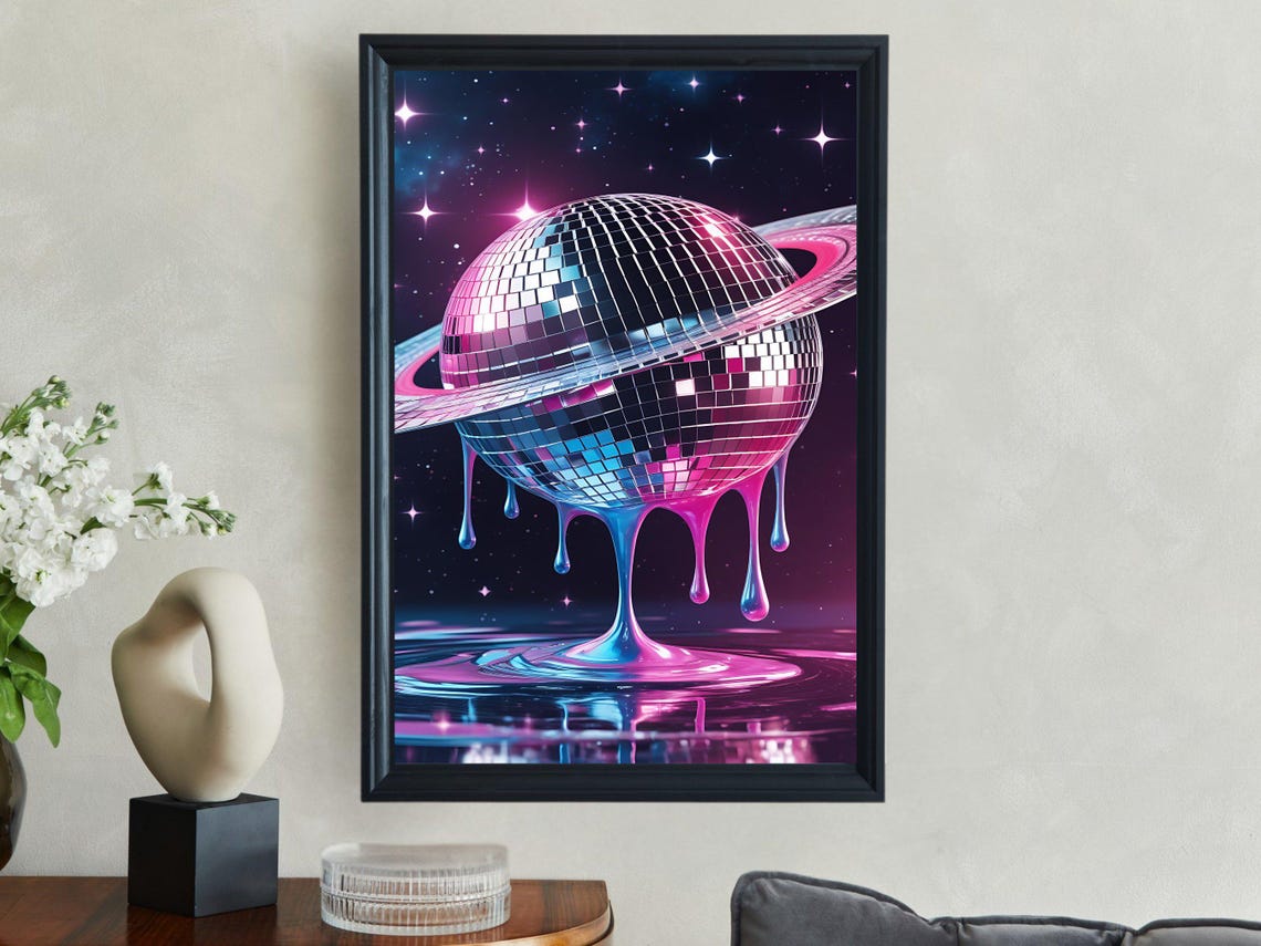 Melting Disco Ball Planet With Saturn Ring Neon Space Art Poster