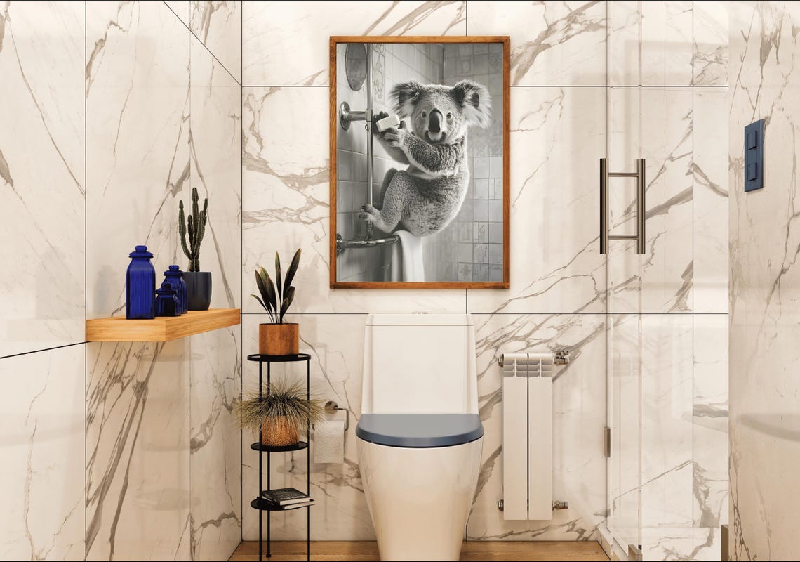 Koala Climbing a Shower Pole Holding Soap Black and White Poster - Image 4