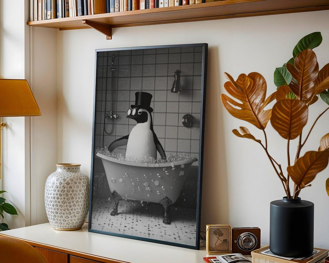 Penguin in a Top Hat Sitting in a Vintage Clawfoot Tub Poster - Image 4