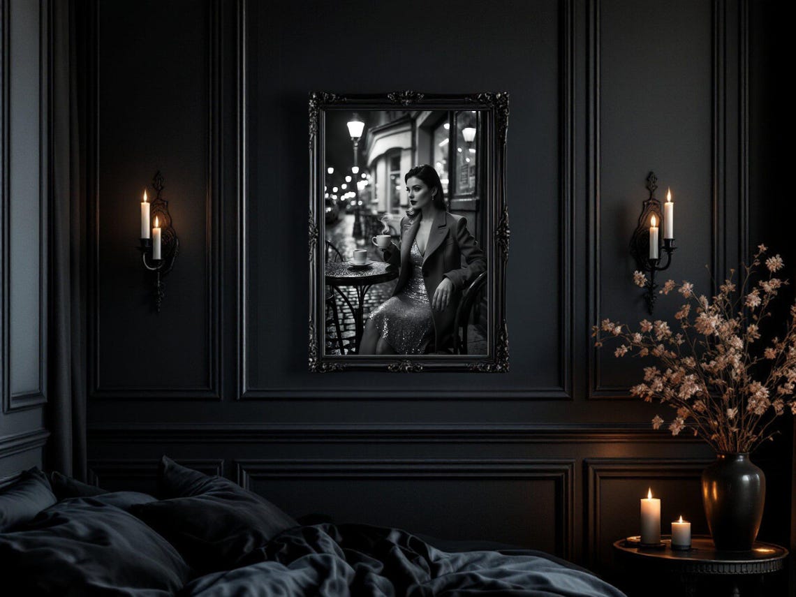 Elegant Woman At A Parisian Cafe At Night With Coffee Poster - Image 3