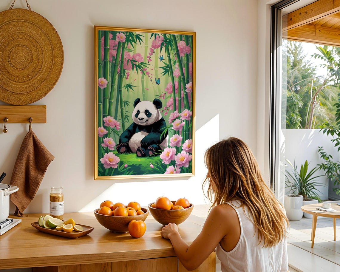 Cute Panda Bamboo Forest Cherry Blossom Nursery Room Art Print - Image 2