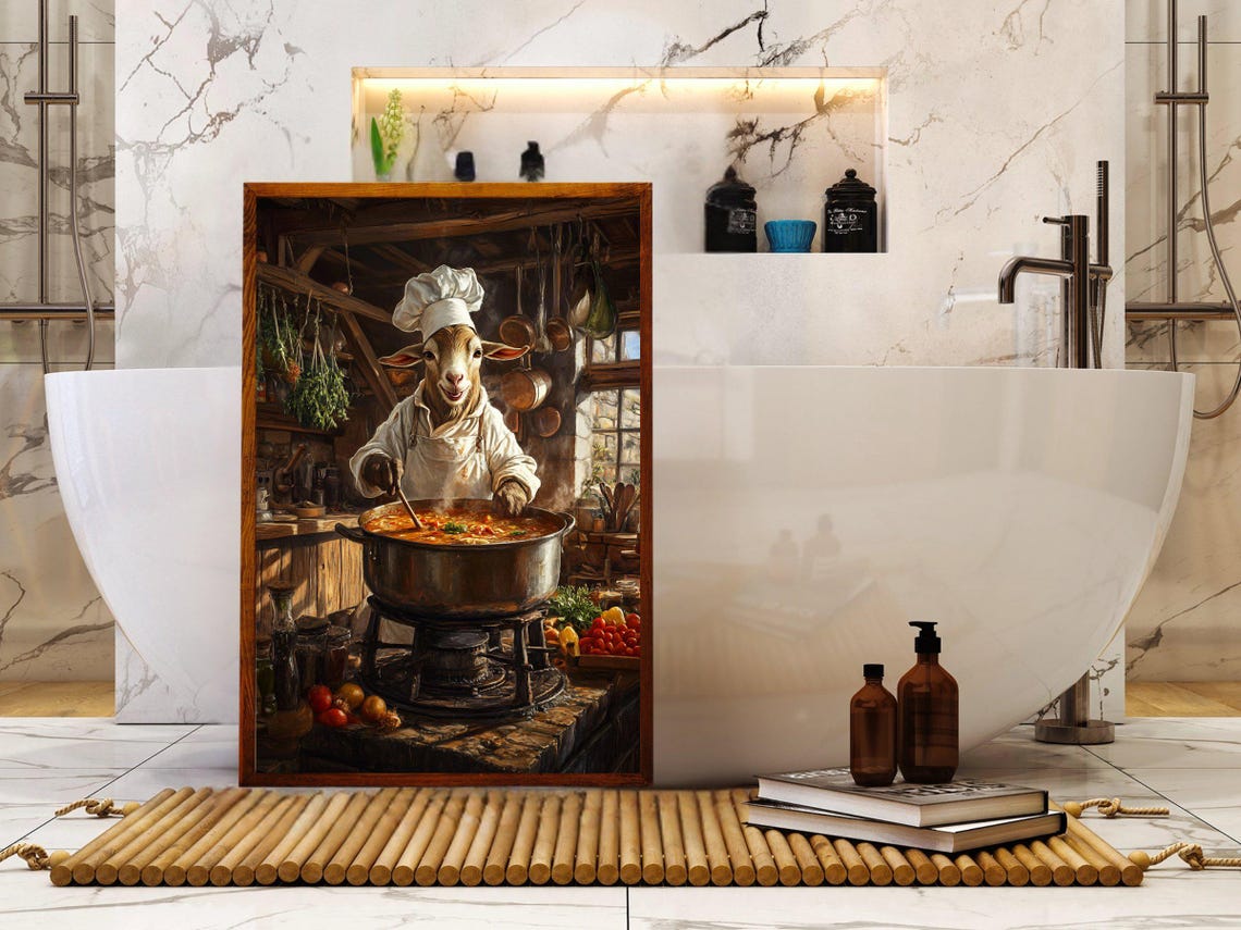 Goat Chef Stirring Steaming Stew Pot in Rustic Kitchen Poster - Image 5