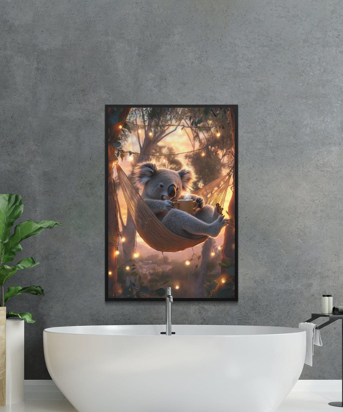 Koala in Hammock Holding Coffee at Sunset With String Lights Poster - Image 2