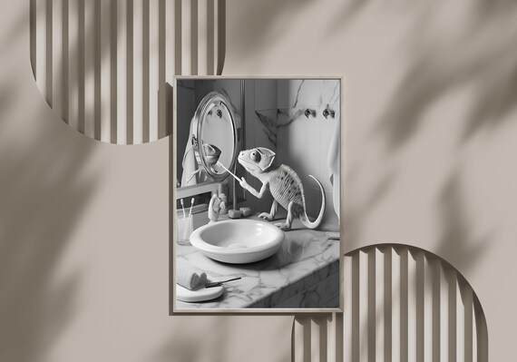 Chameleon Brushing Its Teeth at a Marble Sink Black and White Poster