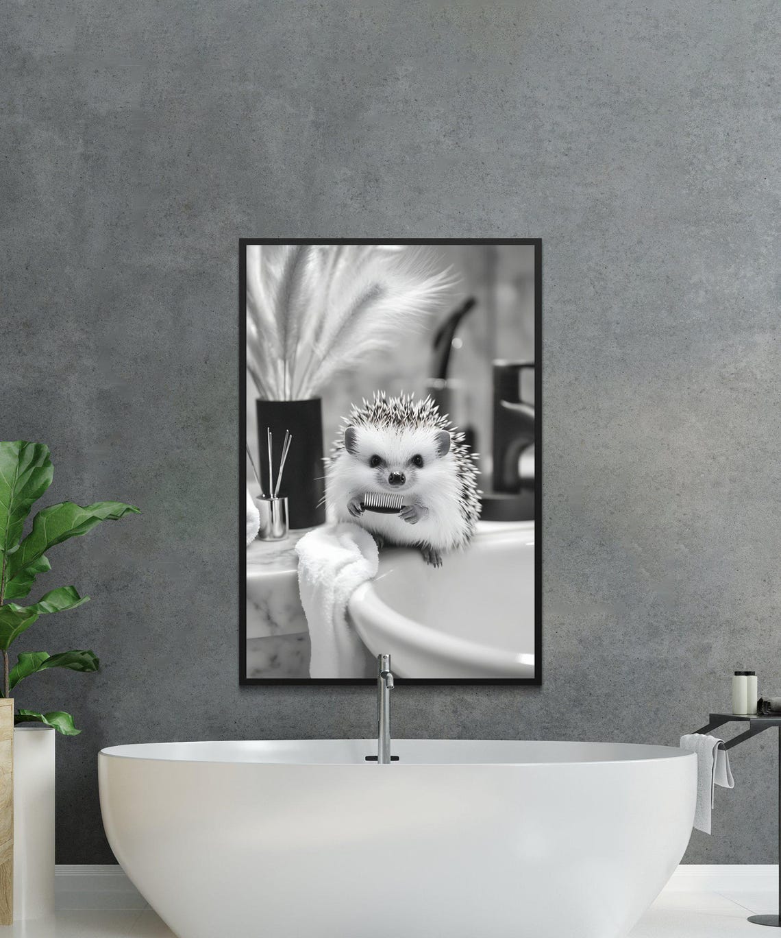 Hedgehog Holding a Toothbrush on a Bathroom Sink Black White Poster - Image 2