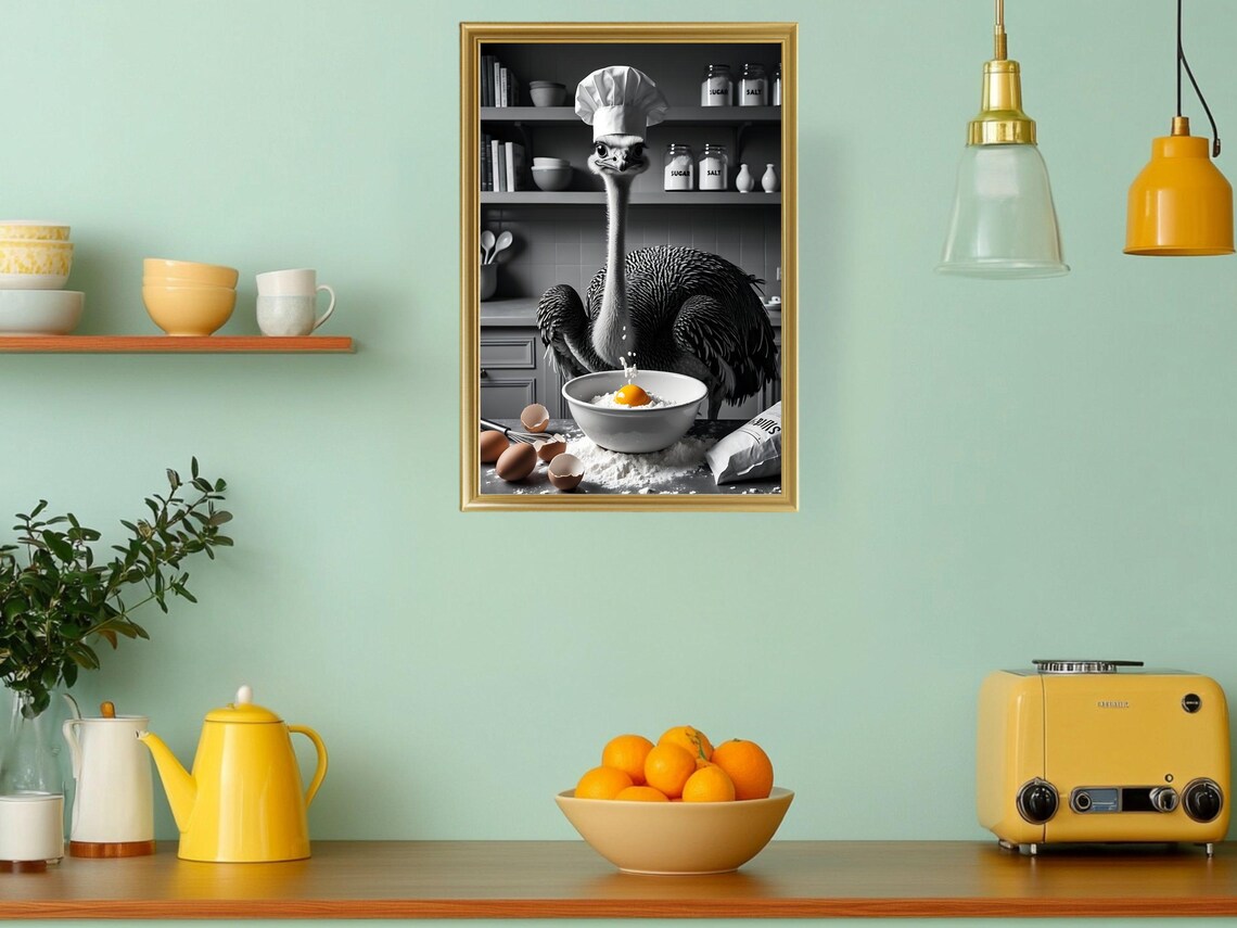 Funny Chef Ostrich Kitchen Art Ostrich Wall Art Chef Artwork Quirky Kitchen Decor Funny Animal Art Modern Kitchen Wall Decor - Image 3
