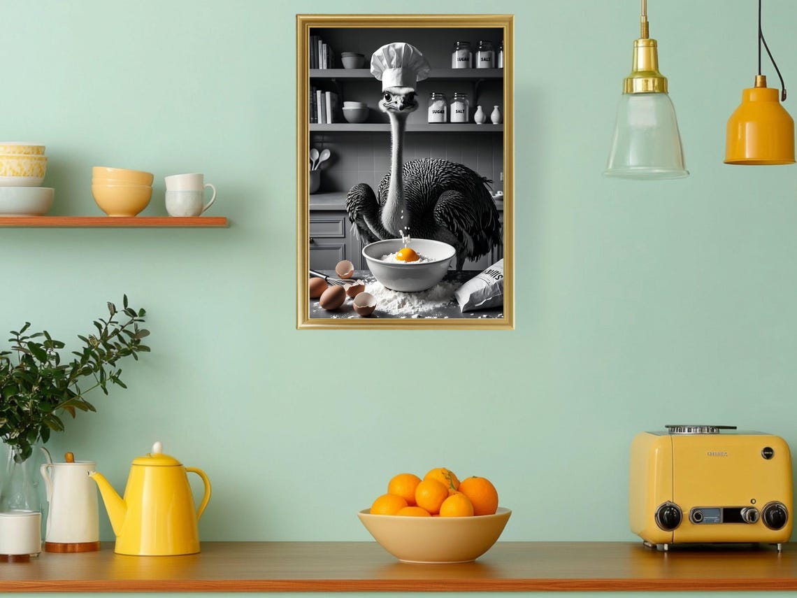Funny Ostrich Chef Baking in the Kitchen Black and White Wall Art - Image 3