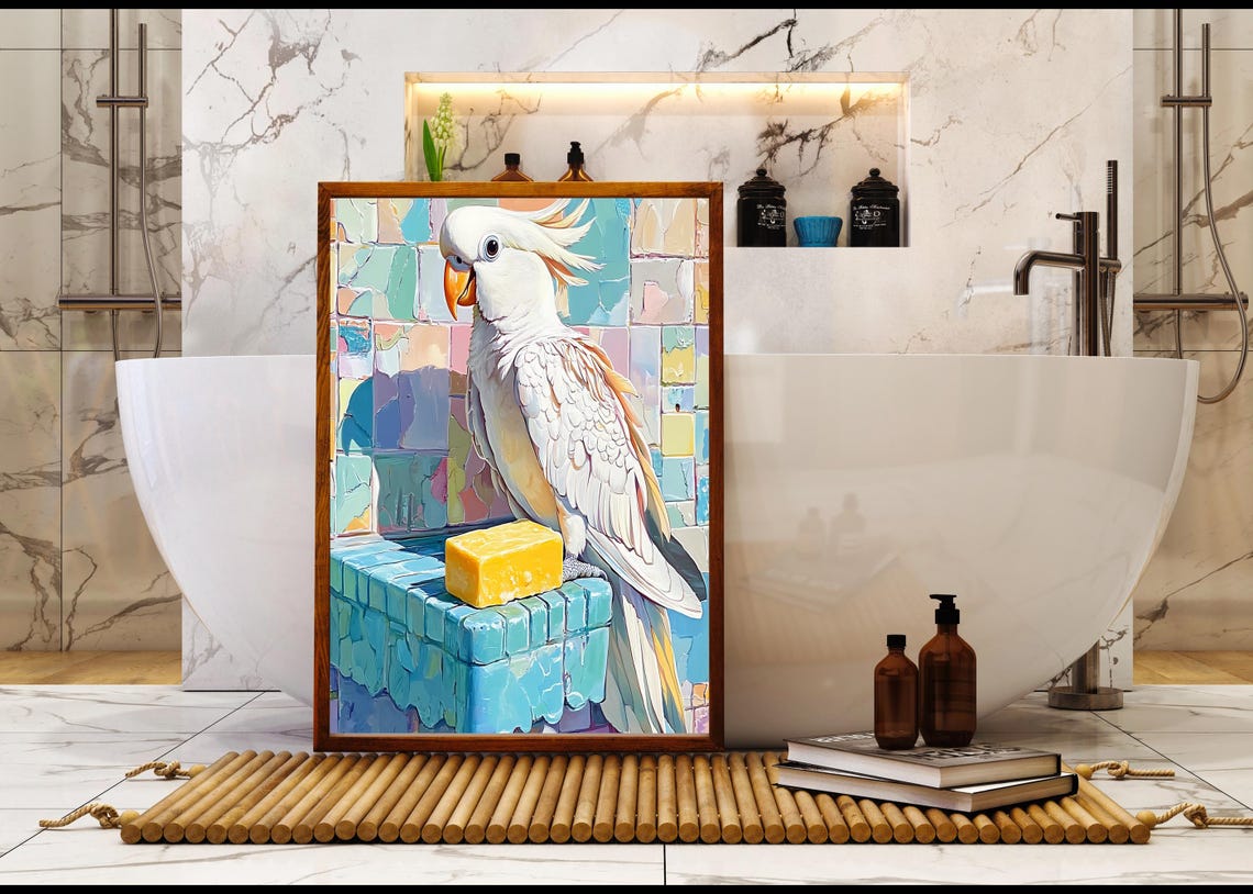 White Cockatoo Perched On Mosaic Tile Ledge With Yellow Soap Poster - Image 5