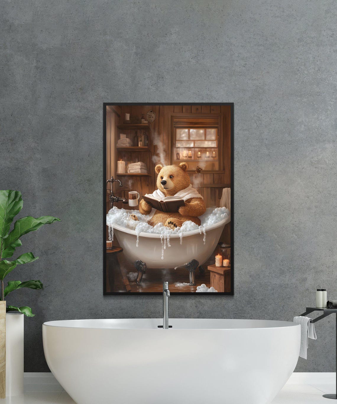Brown Bear Reading in a Rustic Cabin Bubble Bath With Candles Poster - Image 2