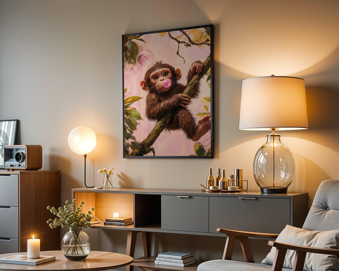 Baby Monkey Climbing Tree Blowing Pink Bubble Cute Art Poster - Image 3