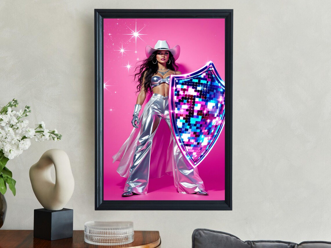 Retro Futuristic Cowgirl With Disco Shield Hot Pink Western Poster
