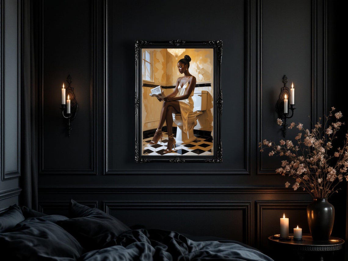 Elegant Woman Reading Newspaper on Toilet, Chic Bathroom Poster - Image 3