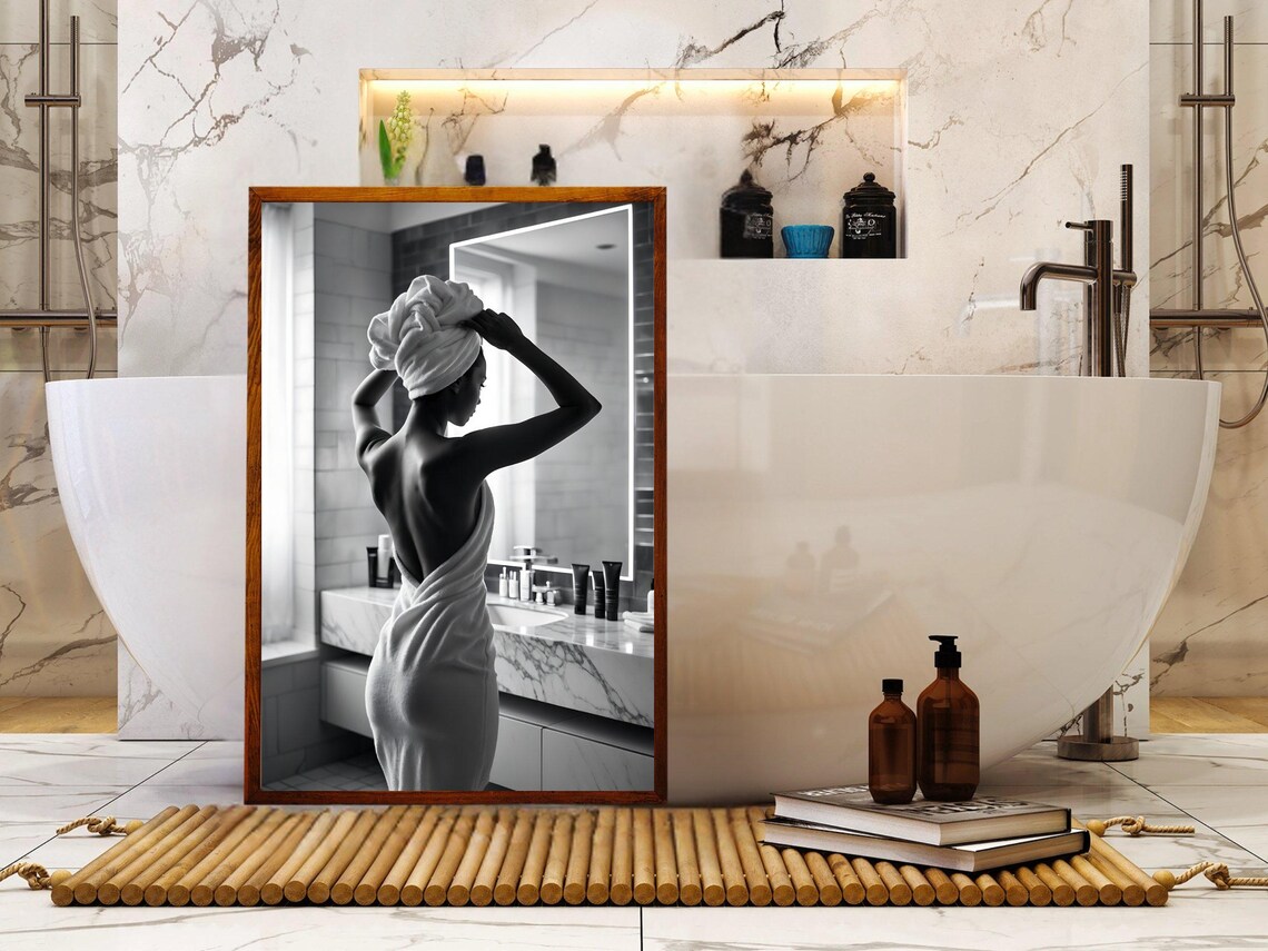 Woman in a Towel Turban Standing Before a Bathroom Mirror Poster - Image 5