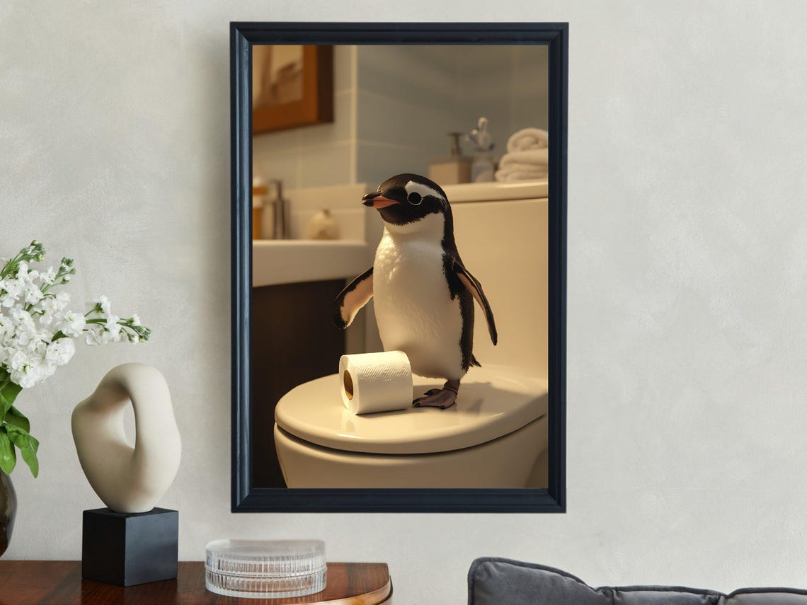 Cute Penguin Standing On Toilet With Toilet Paper Funny Poster - Image 2