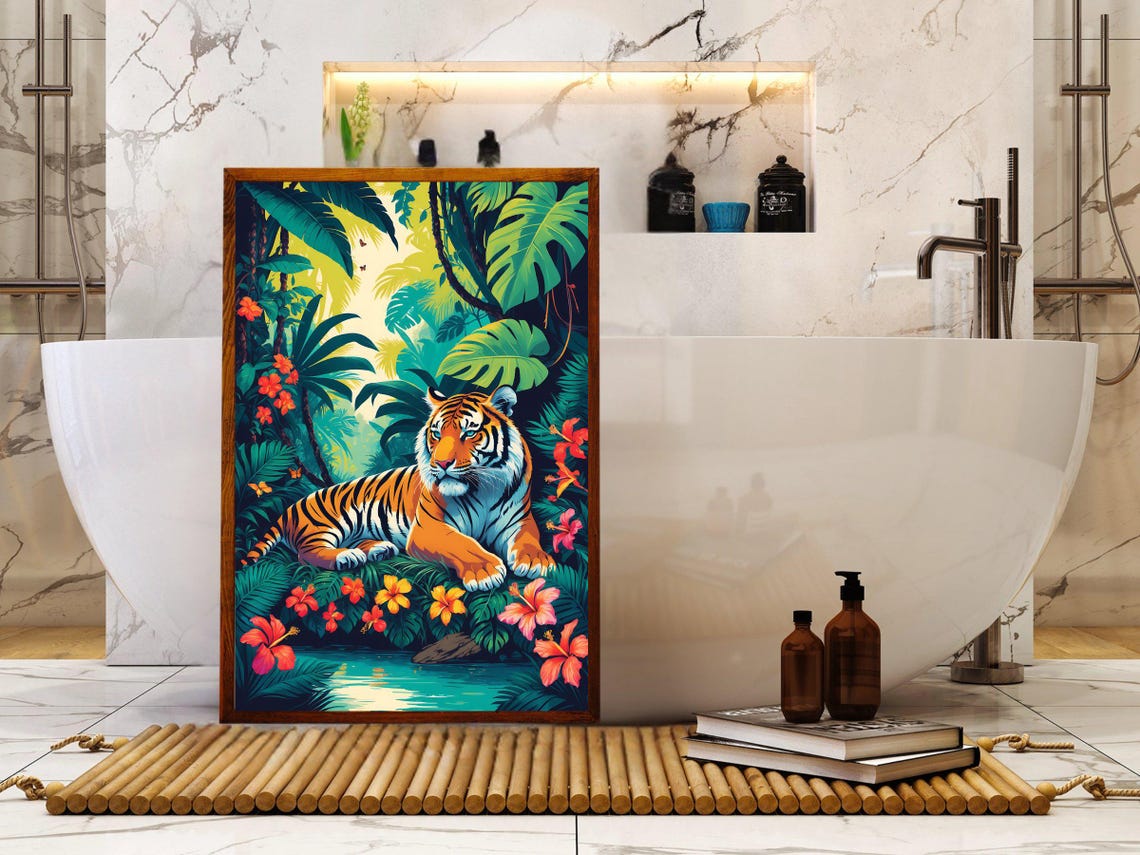 Tiger By Jungle Stream Among Hibiscus Exotic Wildlife Poster - Image 5