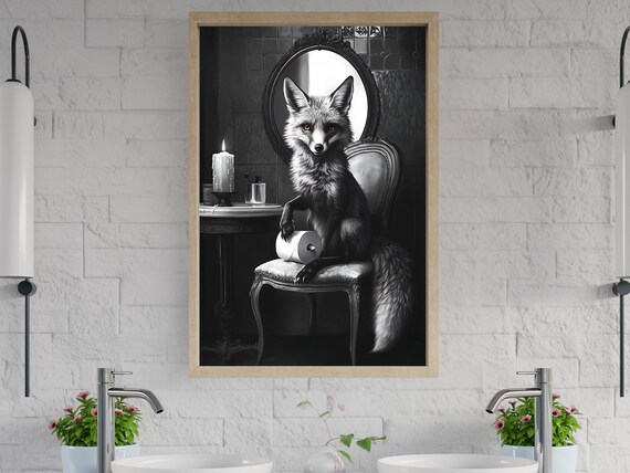 Fox Sitting on an Elegant Chair Holding Toilet Paper in a Dark Room Poster