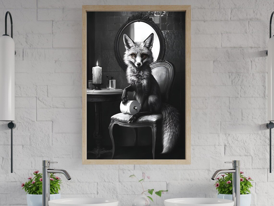 Fox Sitting on an Elegant Chair Holding Toilet Paper in a Dark Room Poster
