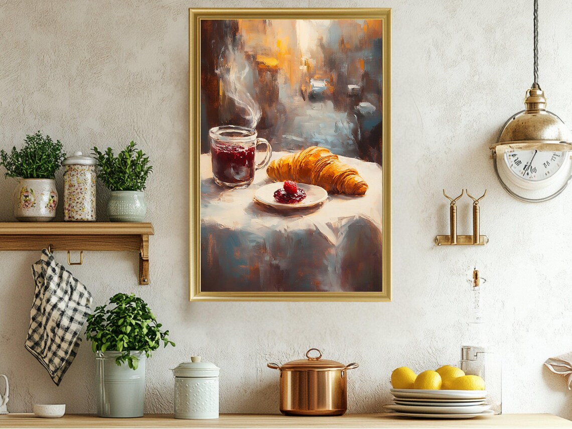Buttery Croissant and Hot Tea on a Parisian Cafe Table Poster