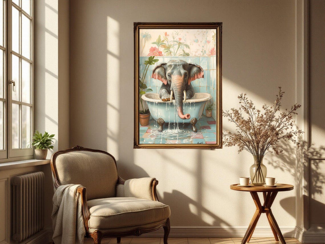 Playful Elephant Splashing In Bathtub Whimsical Colorful Animal Poster - Image 4