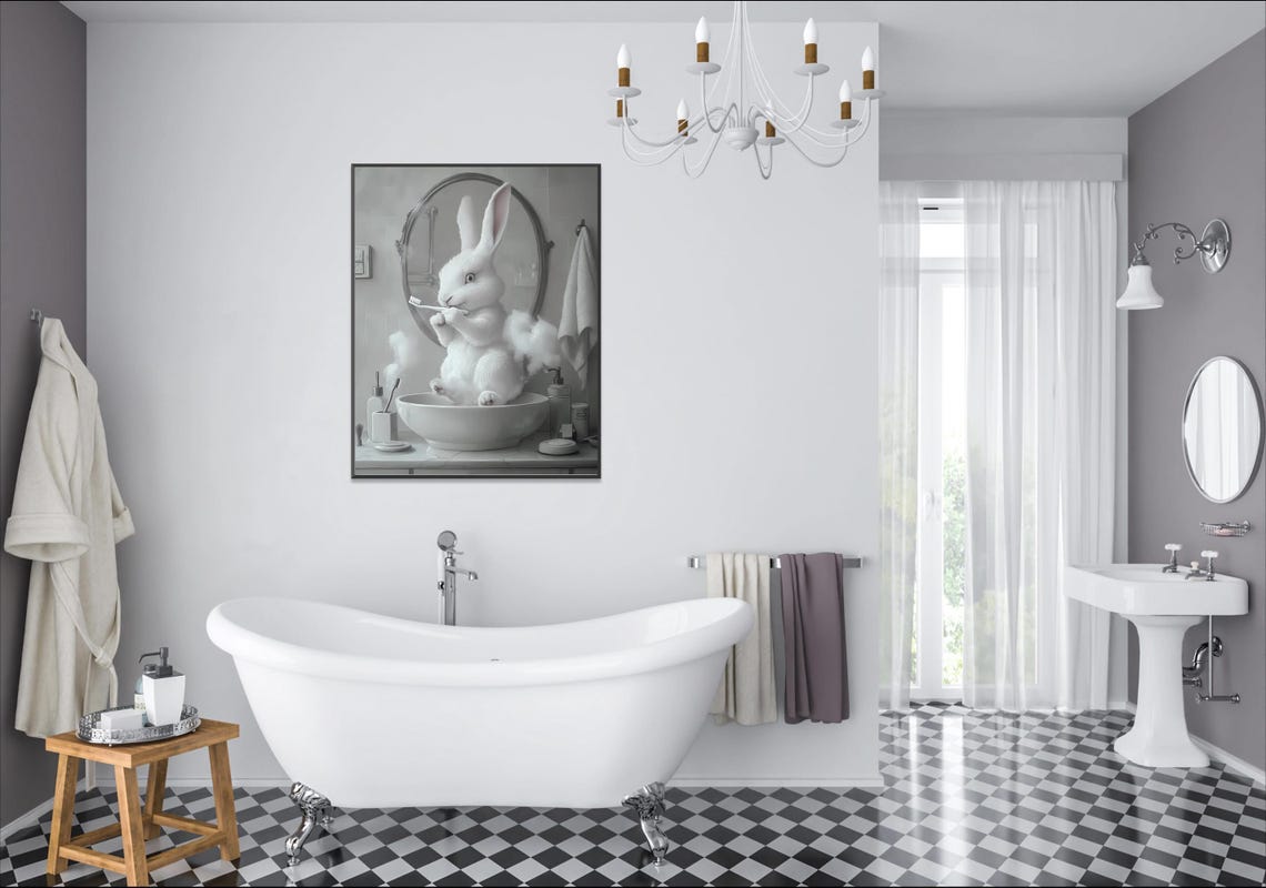 White Bunny Brushing Teeth In Bathroom Sink Animal Art Poster - Image 2