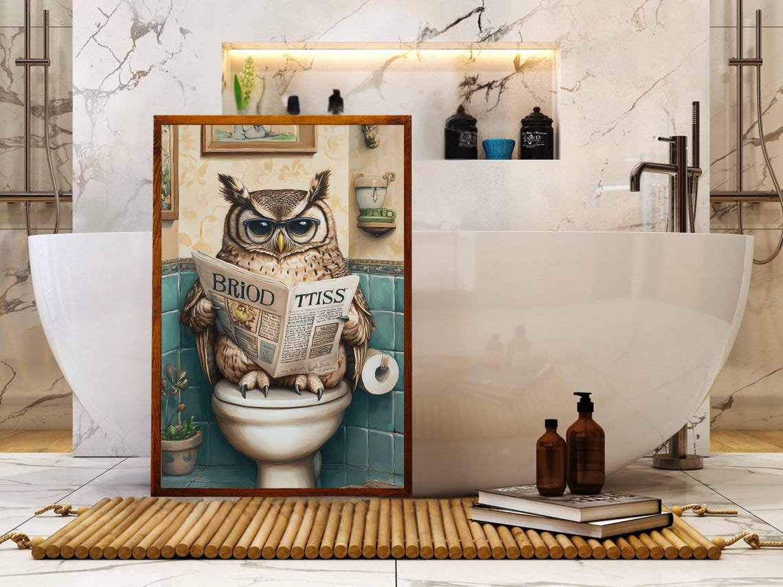 Wise Owl in Glasses Reading a Newspaper Sitting on the Toilet Poster - Image 5