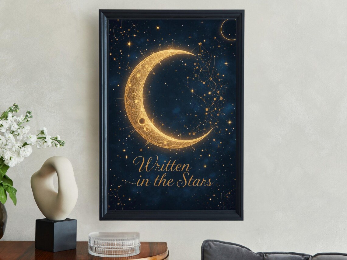 Written in the Stars Gold Crescent Moon Constellation Celestial Quote Poster