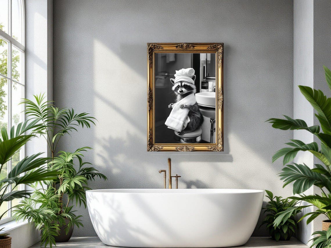 Raccoon in a Towel Turban After a Bath Black and White Poster - Image 3