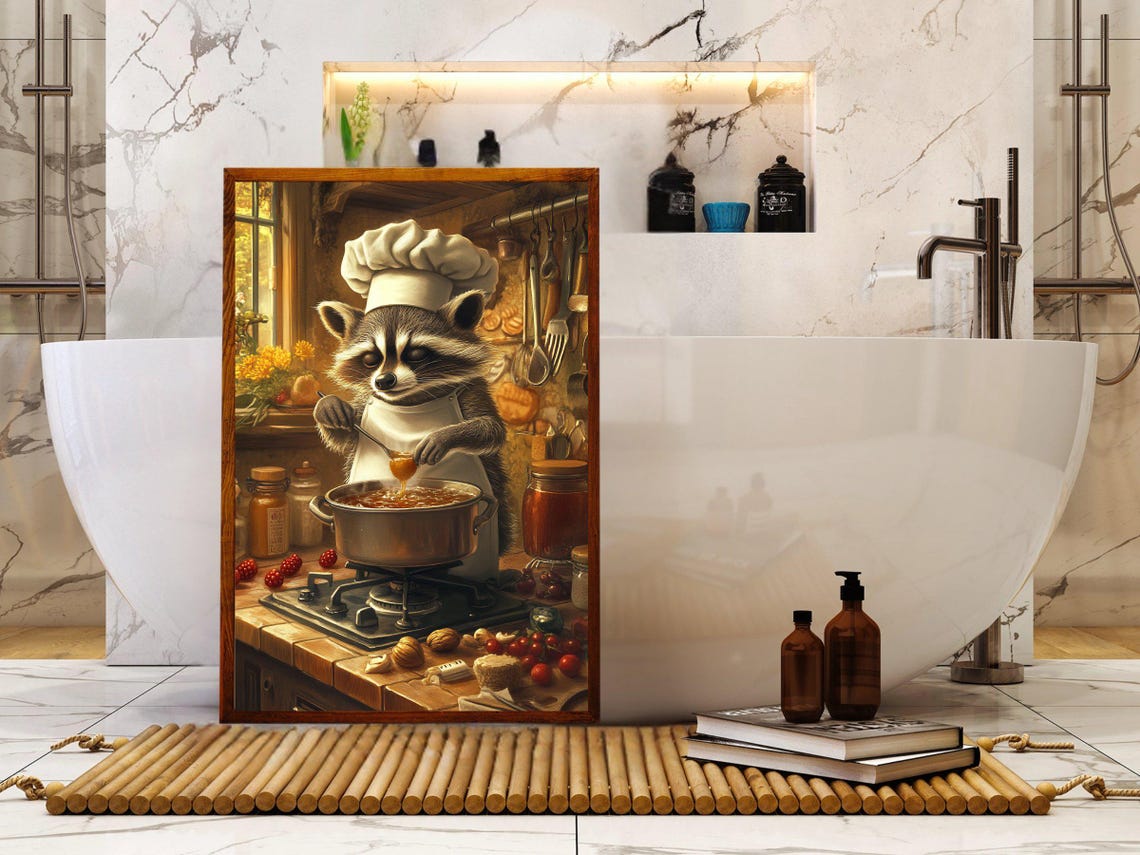 Raccoon Chef Stirring Soup in a Rustic Farmhouse Kitchen Poster - Image 5