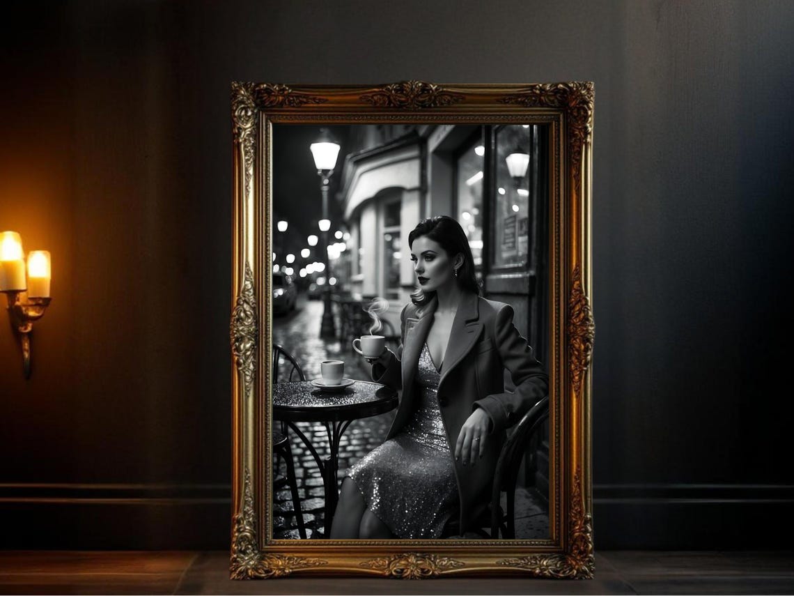 Elegant Woman At A Parisian Cafe At Night With Coffee Poster