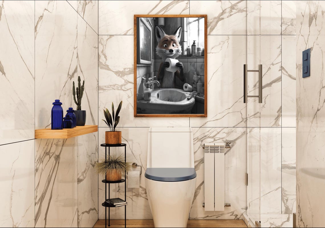 Cheeky Fox Holding Toilet Paper at the Sink Black and White Poster - Image 4