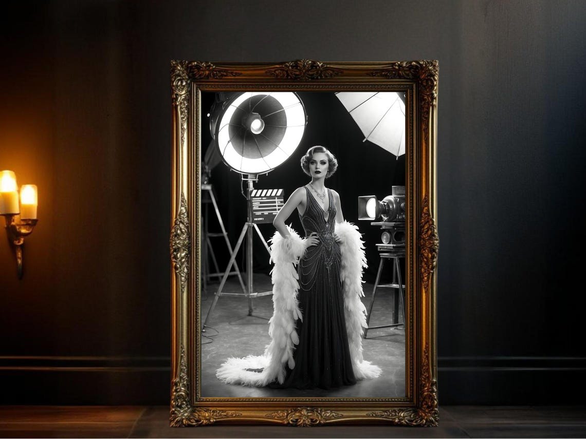 1920s Flapper Actress on Film Set with Lights, Art Deco Poster