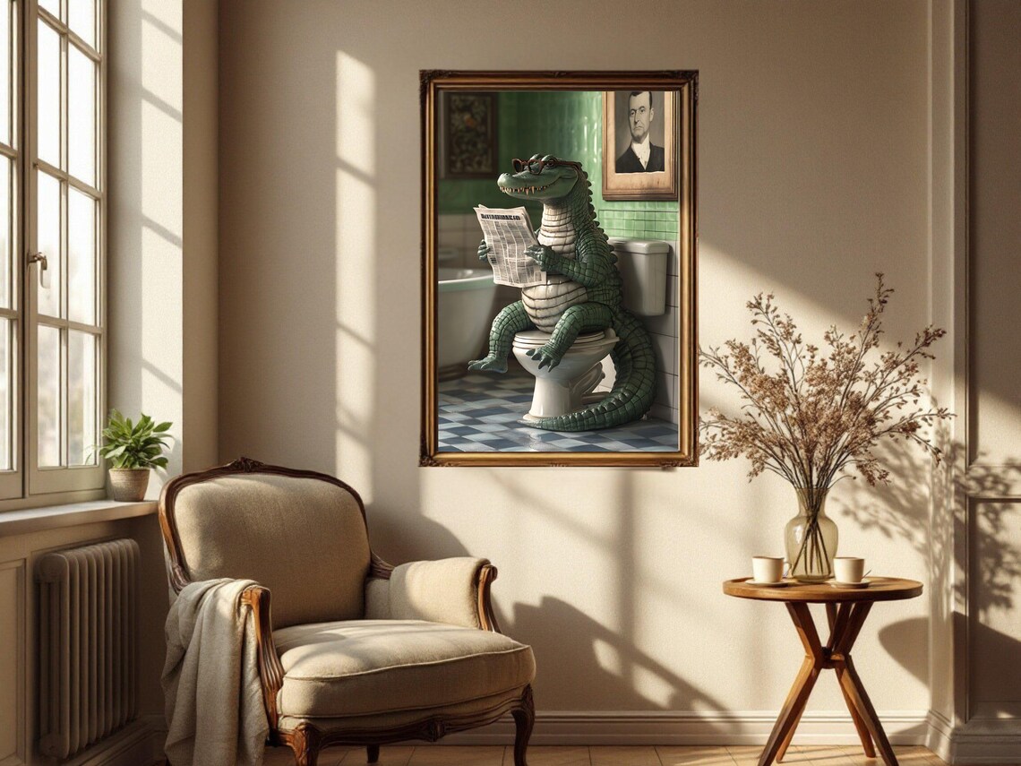 Alligator Reading Newspaper Wall Art Funny Animal Bathroom Decor Humorous Art Print For Bathroom Quirky Alligator Poster - Image 4