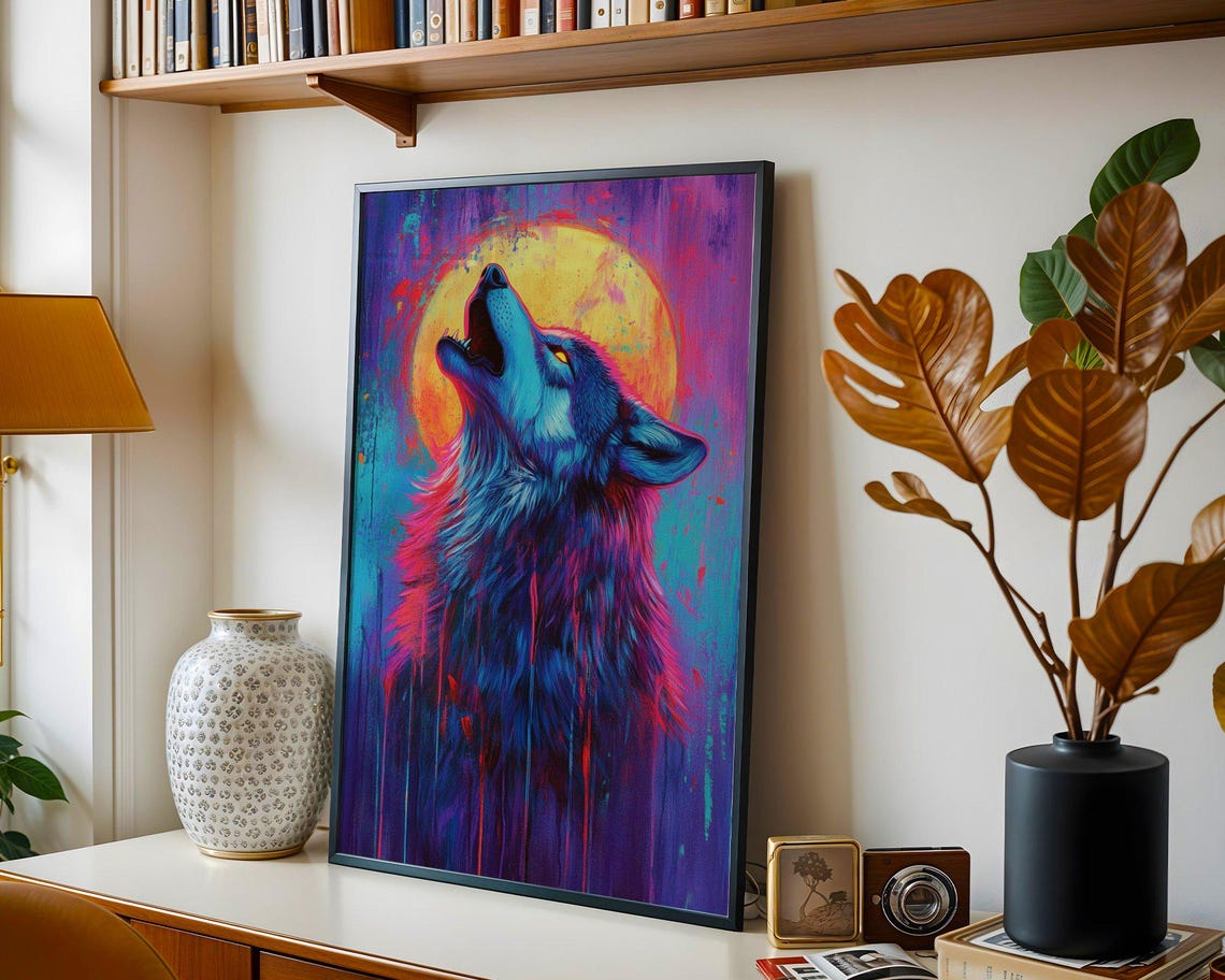 Howling Wolf at Golden Moon Cosmic Night Wildlife Art Poster - Image 2