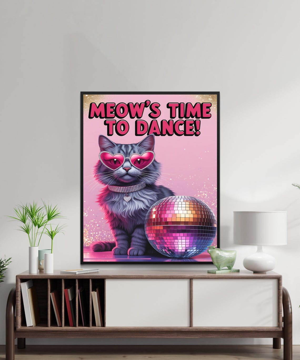 Disco Cat In Heart Sunglasses Meows Time To Dance Pink Party Poster - Image 2
