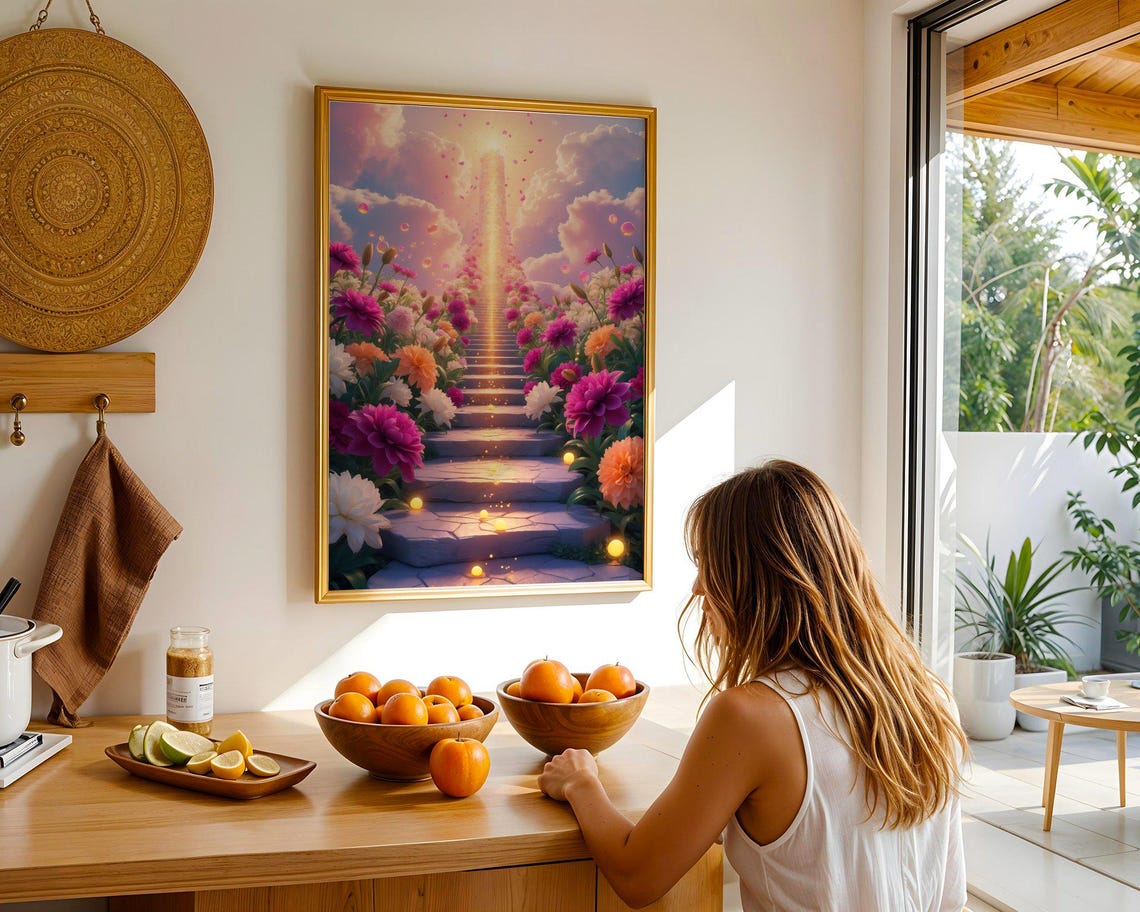 Flower Lined Staircase Rising Into Glowing Pink Clouds Poster - Image 2