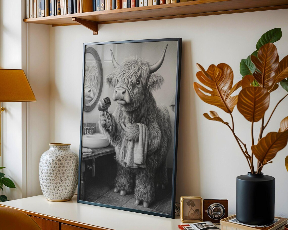Highland Cow With Hair Dryer in Bathroom Black and White Poster - Image 4