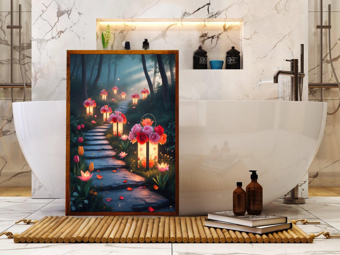 Enchanted Lantern Lit Forest Pathway Through A Twilight Garden Poster - Image 5