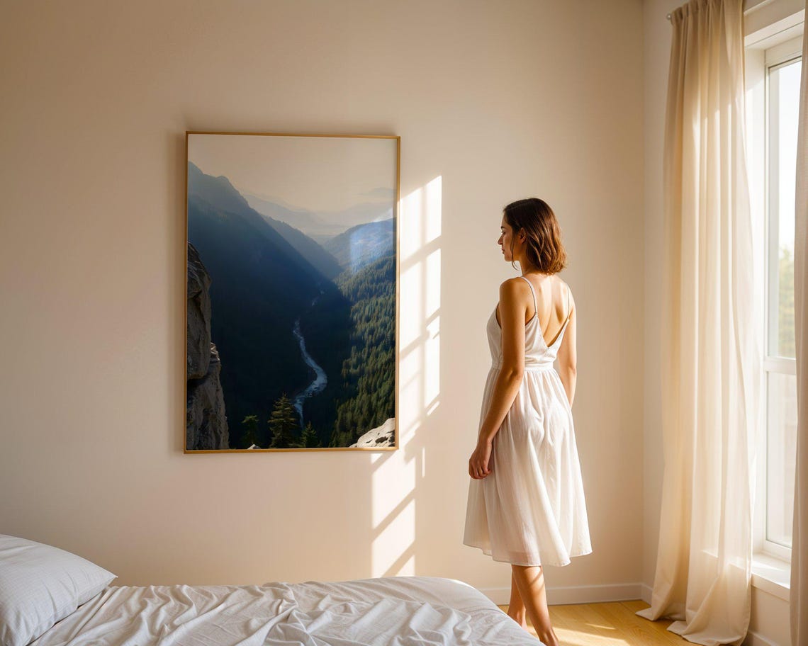 Misty Mountain Valley with a Winding River Seen from a Cliff Poster - Image 2