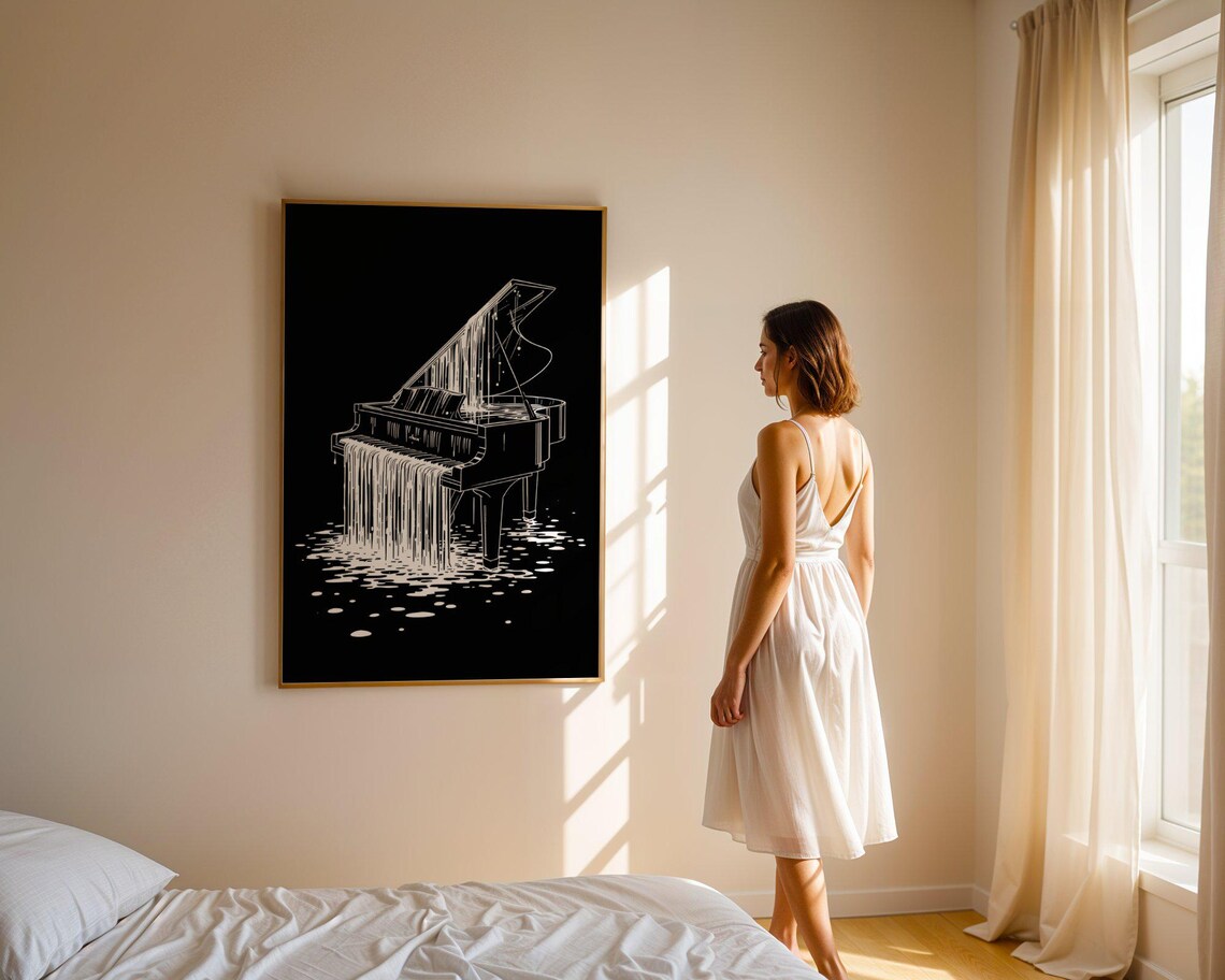 Melting Grand Piano Black And White Surreal Line Art Music Poster - Image 5