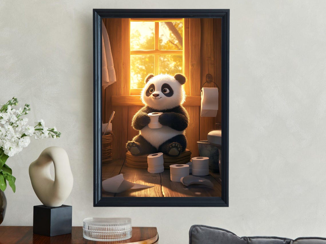 Panda Holding Cup In Sunlit Bathroom Funny Bathroom Animal Poster - Image 2