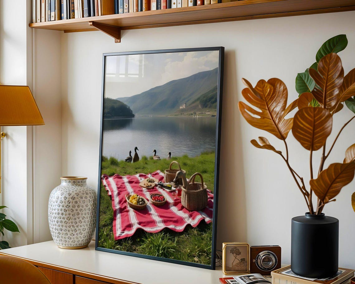 Lakeside Picnic Blanket With Baskets and Curious Ducks Poster - Image 3